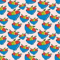 Doodle seamless pattern with fruits in the vase. Apples in the bowl background. vector