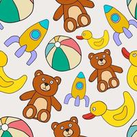 Doodle seamless pattern with different children toys. Teddy Bear, Rubber Duck, Rocket Ship, Beach Ball Background. vector