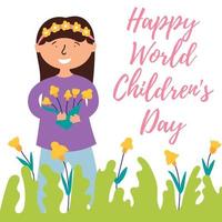 Little girl child wishes a happy holiday and gives a bouquet of wildflowers. World Children's Day vector