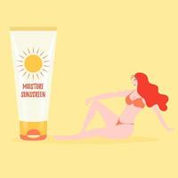 The girl is protected from the sun. Ultraviolet solar radiation. Sun protection cream. Moisture Sunscreen vector