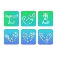 Vector symbols of arms with muscles and fist with a dumbbell. Hands of the robot. Gradient background of symbols for mobile applications