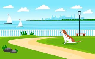 Landscape by the sea. Seafront. The dog looks into the distance to the shore. View of the metropolis. Sailing boats vector