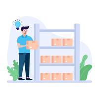 Man with storage racks in a warehouse, flat illustration vector