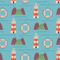 Seamless pattern lighthouse lifebuoy mountains vector