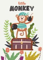 Little monkey lettering with bomb standing on treasure chest vector