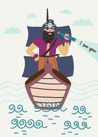 I see you lettering. Pirate at the stern of ship looks through spyglass on high seas vector