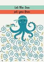 Let the Sea set you free lettering sailor octopus waves seaweed vector