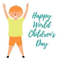 Child boy shows class with his hands and enjoys the holiday. World Childrens Day vector