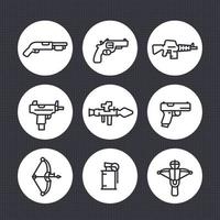 weapons line icons set, rocket launcher, pistol, submachine gun, assault rifle, revolver, shotgun, grenade, crossbow vector pictograms
