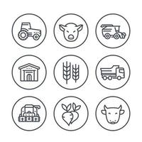 íconos de la línea agrícola y agrícola en círculos sobre blanco, tractor, agrimotor, cosecha, ganado, maquinaria agrícola, cosechadora, granero vector
