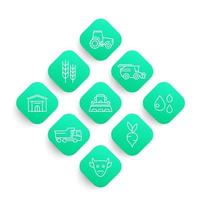 Agriculture, farming line icons set, tractor, agrimotor, harvest, cattle, storage, harvester vector