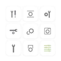 settings, configuration, development icons set, gears, wrench, screwdriver, instruments vector