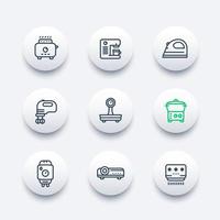 Appliances, consumer electronics line icons set, toaster, coffee machine, blender, flatiron, mixer, steamer, home boiler, air conditioner vector