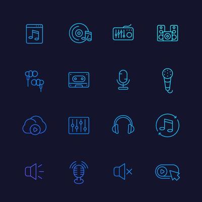 audio, music linear icons, sound mixing, microphones, recording, earbuds, headphones, eq, cassette tape, online streaming service