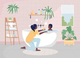 Mother bathing her son flat color vector illustration