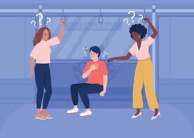 Panic attack on public transport flat color vector illustration