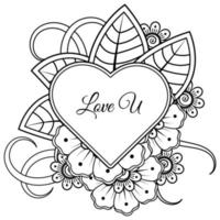 Mehndi flower with frame in shape of heart. decoration in ethnic oriental, doodle ornament. vector