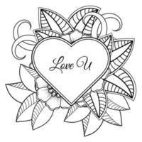 Mehndi flower with frame in shape of heart. decoration in ethnic oriental, doodle ornament. vector