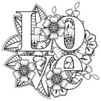 palabras de amor con flores mehndi para colorear página de libro doodle adorno vector