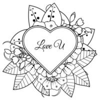 Mehndi flower with frame in shape of heart. decoration in ethnic oriental, doodle ornament. vector