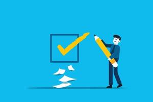 Completed checklist. A businessman holding a pencil looking at completed checklist. vector