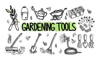 A set of hand-drawn doodle-style gardening elements. Planting young trees. Spring work in the garden. Tools for the garden. Simple linear vector style for logos, icons and emblems.