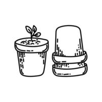 Flower pots, hand-drawn doodle-style element. Pots with sprouts. Planting plants. Sprouting. Simple vector in linear style for logos, icons and emblems - gardening items.