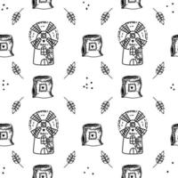 A seamless pattern with a mill, flour, and ears of wheat. Hand-drawn doodle-style elements. Cute windmill with a heart. Suitable for textiles, wallpaper and packaging. vector