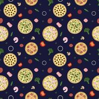 Pizza vector pattern. Seamless dark background with food ingredients. Pizza backdrop. Illustration for pizzeria, cafe, textile