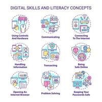 Digital literacy and skills concept icons set. Computer system. Cyberspace idea thin line color illustrations. Isolated symbols. Editable stroke. Roboto-Medium, Myriad Pro-Bold fonts used vector