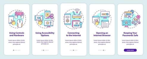 Habilidades básicas digitales incorporadas en la pantalla de la aplicación móvil. tutorial 5 pasos páginas de instrucciones gráficas con conceptos lineales. interfaz de usuario, ux, plantilla de interfaz gráfica de usuario. innumerables fuentes pro-negrita y regulares utilizadas vector