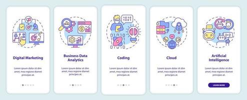 Principales habilidades digitales que incorporan la pantalla de la aplicación móvil. tutorial de alfabetización informática 5 pasos páginas de instrucciones gráficas con conceptos lineales. interfaz de usuario, ux, plantilla de interfaz gráfica de usuario. innumerables fuentes pro-negrita y regulares utilizadas vector