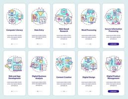 Digital skills and literacy onboarding mobile app screen set. Walkthrough 5 steps graphic instructions pages with linear concepts. UI, UX, GUI template. Myriad Pro-Bold, Regular fonts used vector