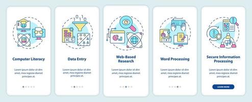 habilidades digitales básicas incorporando la pantalla de la aplicación móvil. tutorial de alfabetización informática 5 pasos páginas de instrucciones gráficas con conceptos lineales. interfaz de usuario, ux, plantilla de interfaz gráfica de usuario. innumerables fuentes pro-negrita y regulares utilizadas vector