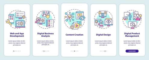 Advanced digital skills onboarding mobile app screen. Computer literacy walkthrough 5 steps graphic instructions pages with linear concepts. UI, UX, GUI template. Myriad Pro-Bold, Regular fonts used vector