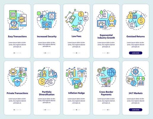 Cryptocurrency adoption onboarding mobile app screen set. Digital crypto walkthrough 5 steps graphic instructions pages with linear concepts. UI, UX, GUI template. Myriad Pro-Bold, Regular fonts used