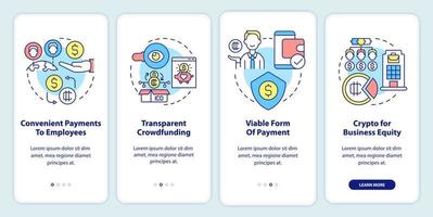 Cryptocurrency benefits in usage onboarding mobile app screen. Business walkthrough 4 steps graphic instructions pages with linear concepts. UI, UX, GUI template. Myriad Pro-Bold, Regular fonts used vector