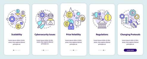 Inconvenientes de las criptomonedas al incorporar la pantalla de la aplicación móvil. tutorial de escalabilidad páginas de instrucciones gráficas de 5 pasos con conceptos lineales. interfaz de usuario, ux, plantilla de interfaz gráfica de usuario. innumerables fuentes pro-negrita y regulares utilizadas vector