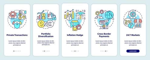 ventajas de la criptomoneda al incorporar la pantalla de la aplicación móvil. tutorial de pagos páginas de instrucciones gráficas de 5 pasos con conceptos lineales. interfaz de usuario, ux, plantilla de interfaz gráfica de usuario. innumerables fuentes pro-negrita y regulares utilizadas vector