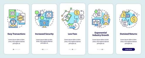 Cryptocurrency pros onboarding mobile app screen. Easy transactions walkthrough 5 steps graphic instructions pages with linear concepts. UI, UX, GUI template. Myriad Pro-Bold, Regular fonts used vector