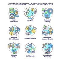 Cryptocurrency adoption concept icons set. Cross-border payments idea thin line color illustrations. Low fees. Isolated symbols. Editable stroke. Roboto-Medium, Myriad Pro-Bold fonts used vector