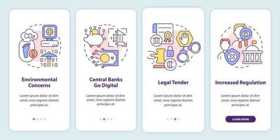 Cryptocurrency issues in nearest future onboarding mobile app screen. Walkthrough 4 steps graphic instructions pages with linear concepts. UI, UX, GUI template. Myriad Pro-Bold, Regular fonts used vector