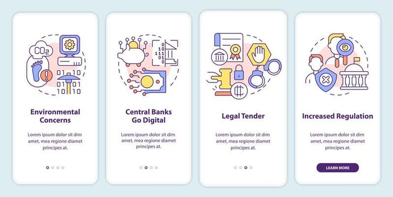 Cryptocurrency issues in nearest future onboarding mobile app screen. Walkthrough 4 steps graphic instructions pages with linear concepts. UI, UX, GUI template. Myriad Pro-Bold, Regular fonts used