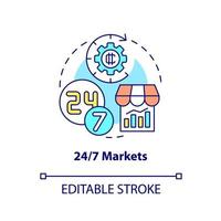 Nonstop markets concept icon. Crypto-currency respective strength abstract idea thin line illustration. Trading market. Isolated outline drawing. Editable stroke. Arial, Myriad Pro-Bold fonts used vector