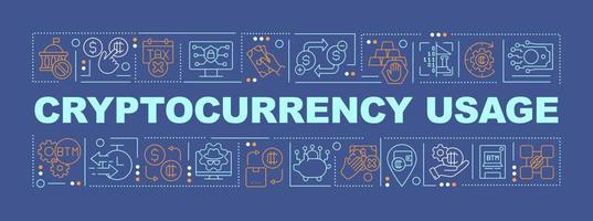 Crypto-currency usage word concepts dark blue banner. Crypto exchanges. Infographics with icons on color background. Isolated typography. Vector illustration with text. Arial-Black font used