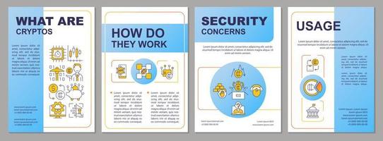 Cryptocurrency meaning blue brochure template. How crypto works. Leaflet design with linear icons. 4 vector layouts for presentation, annual reports. Arial, Myriad Pro-Regular fonts used