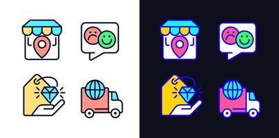 Shopping pixel perfect light and dark theme color icons set. Worldwide delivery. Store location. Electronic commerce. Simple filled line drawings. Bright cliparts on white and black. Editable stroke vector