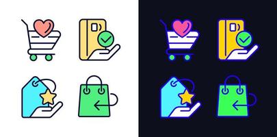 Special offer for customers pixel perfect light and dark theme color icons set. Return policy. Pay with credit card. Simple filled line drawings. Bright cliparts on white and black. Editable stroke vector