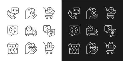 Internet shopping features pixel perfect linear icons set for dark, light mode. Customer service. Product delivery. Thin line symbols for night, day theme. Isolated illustrations. Editable stroke vector