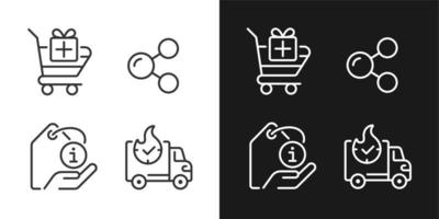 Buying products on internet pixel perfect linear icons set for dark, light mode. Express delivery. Product description. Thin line symbols for night, day theme. Isolated illustrations. Editable stroke vector